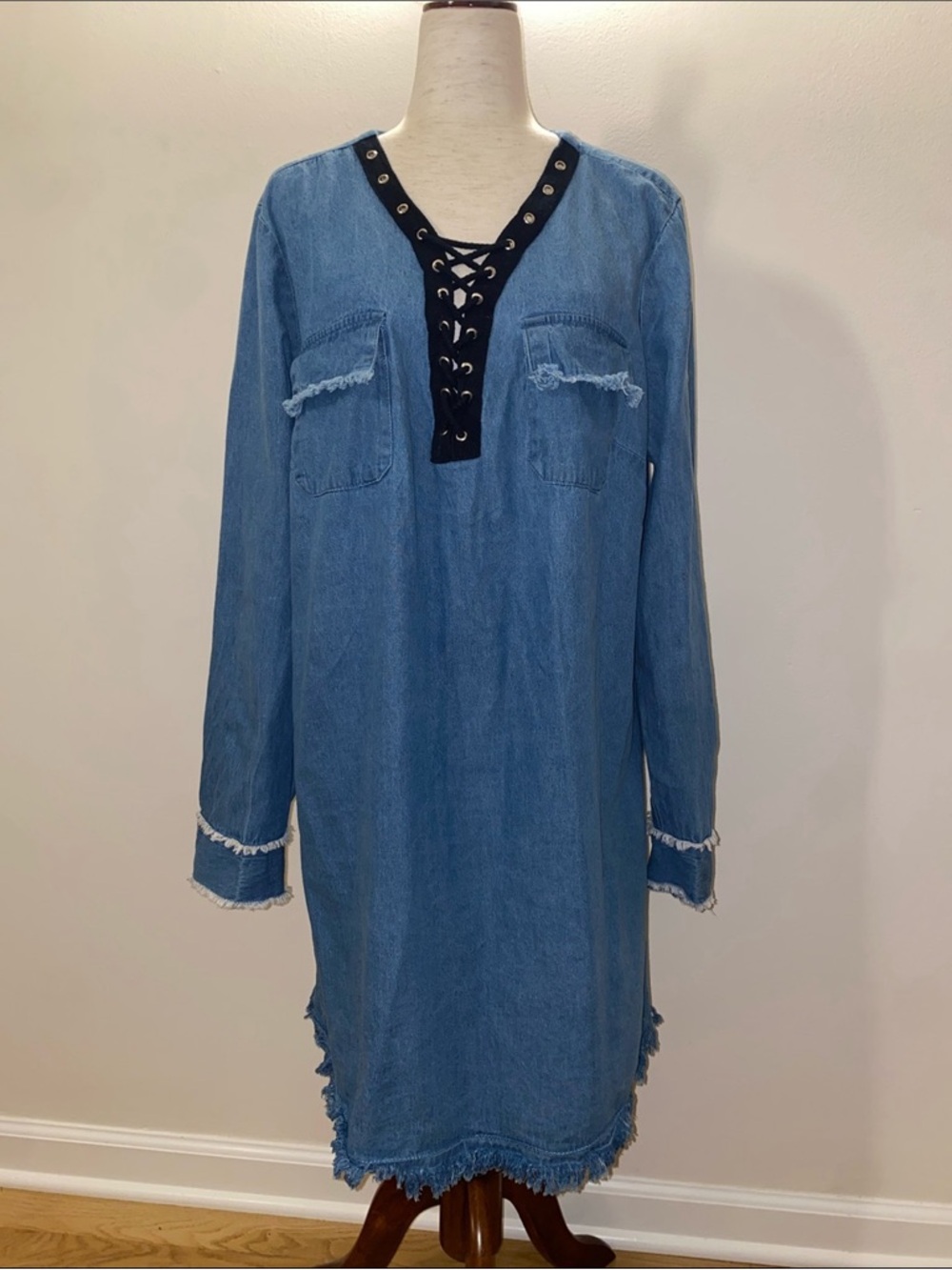 Blue Denim Lace-Up Tunic Dress